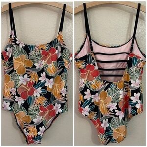 HURLEY Womens One Piece Swimsuit Hibiscus Floral Strappy Back XL